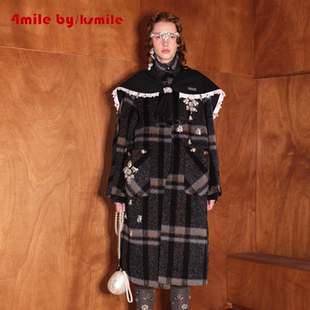 KSMILE 4MILE 格纹海军领披肩立体花朵羊毛大衣 年货狂欢季