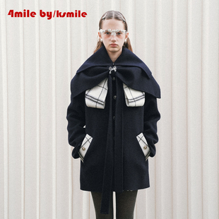 KSMILE 4MILE 披肩羊毛大衣格纹拼接毛呢外套 年货狂欢季