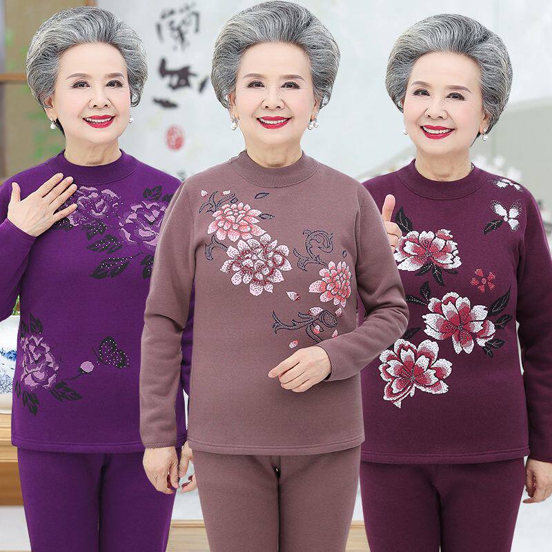 老式全棉秋衣秋裤老人保暖内衣女士加绒加厚套装中老年人奶奶冬季