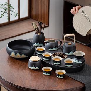整套茶杯远山黑陶功夫茶具套装 日式 盖碗家用客厅茶盘粗陶瓷泡茶壶