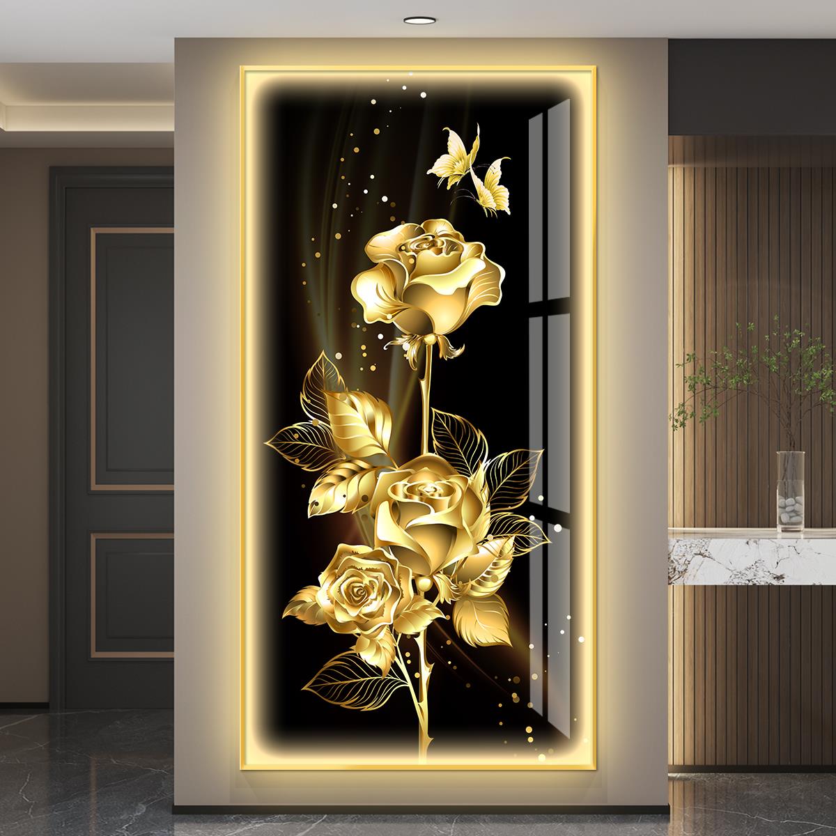 轻奢led带灯入户玄关装饰画走廊尽头挂画壁画简约现代高级感花卉