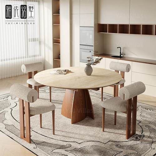 德利丰可伸缩洞石岩板餐桌意式极简家用小户型实木圆形餐桌高级感