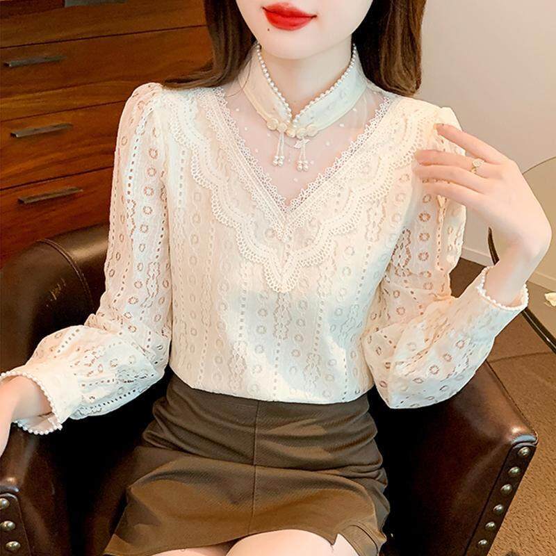 蕾丝打底衫女春秋新款韩版洋气百搭新款时尚气质大码女装镂空上衣