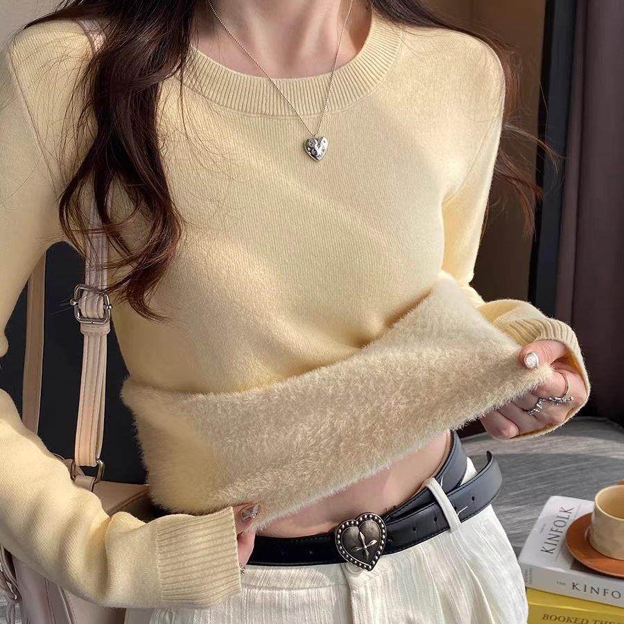 加绒打底衫女2025新款秋冬圆领毛衣加厚保暖低领内搭冬季针织上衣