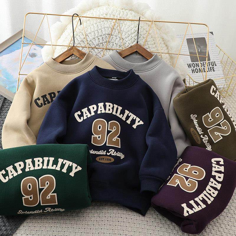男童半高领加绒卫衣2025春秋新款中大童加厚儿童数字印花上衣