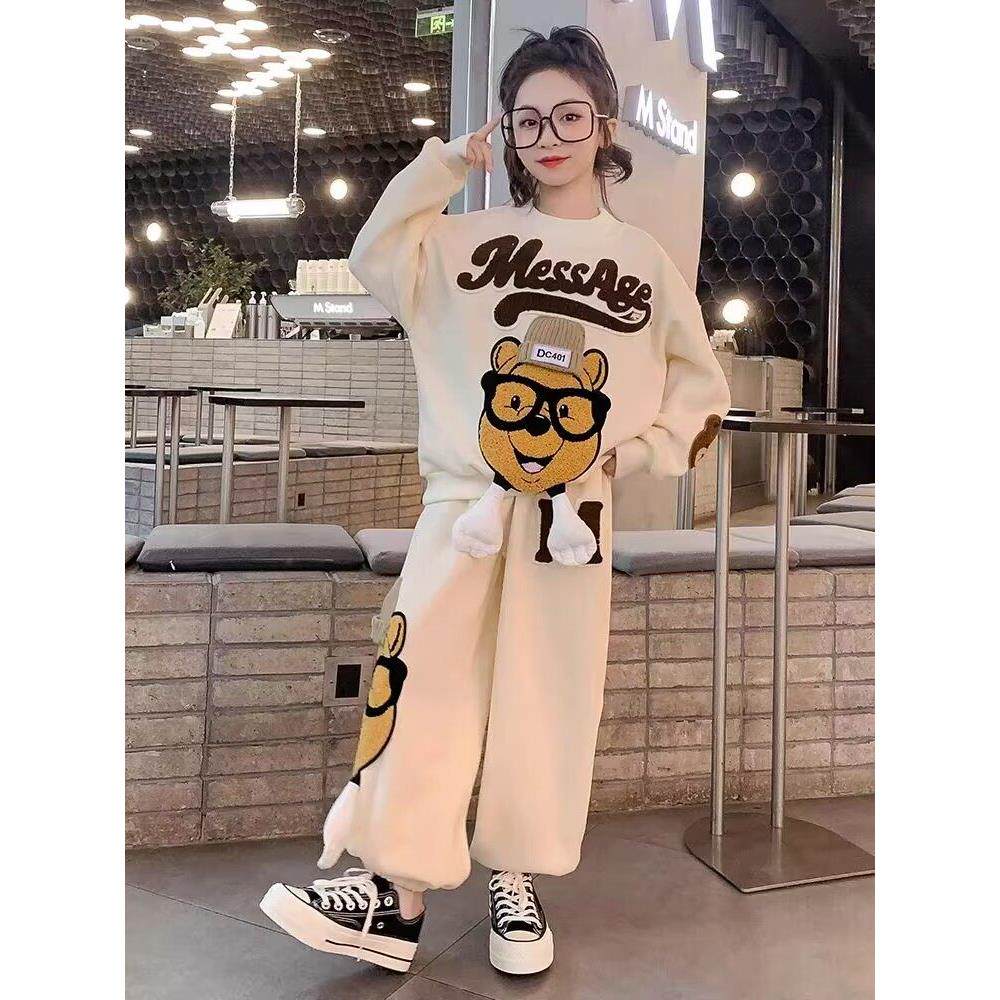 女童春装套装2025新款洋派儿童运动网红中大童春秋加绒卫衣两件套