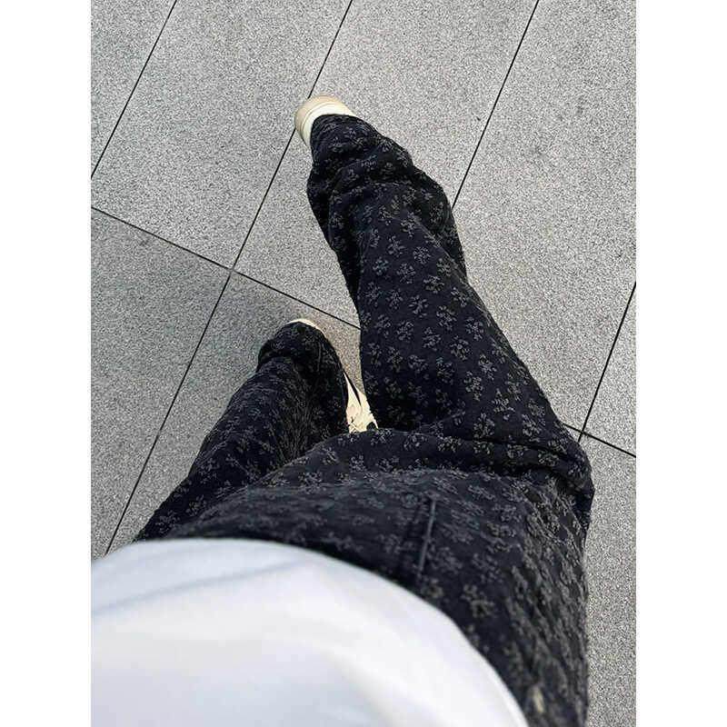 黑色提花满印微喇牛仔裤男欧美高街vibe直筒宽松窄版休闲阔腿裤子