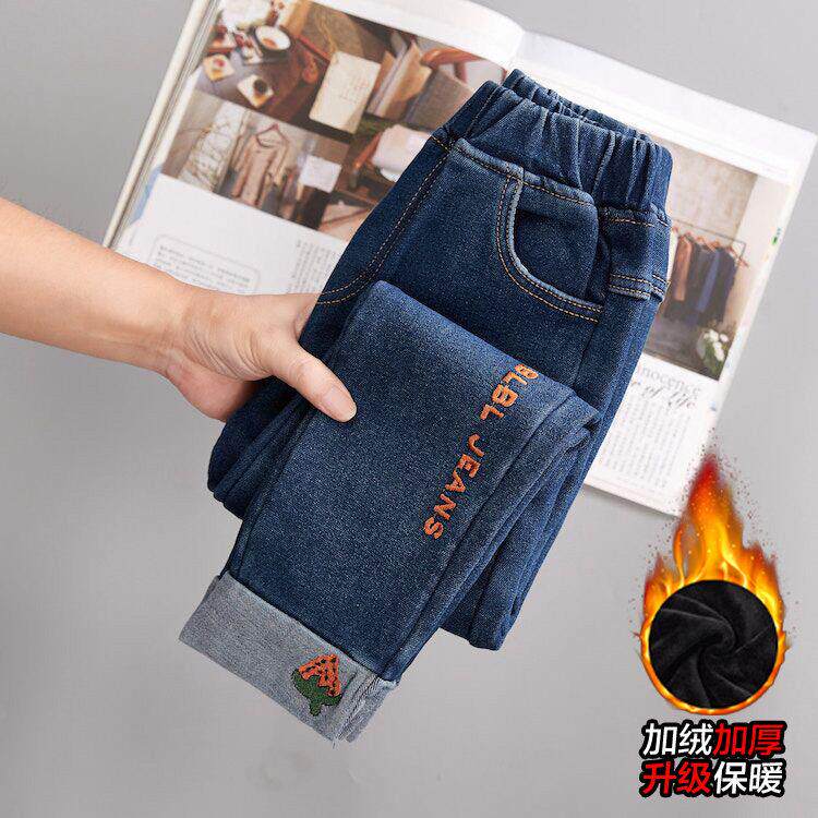 女童加绒牛仔裤初冬新款洋气中大童外穿清新时尚一体绒薄绒长裤潮