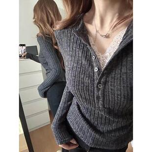 大码胖mm韩系蕾丝V领假两件长袖针织衫女秋冬内搭打底衫显瘦上衣