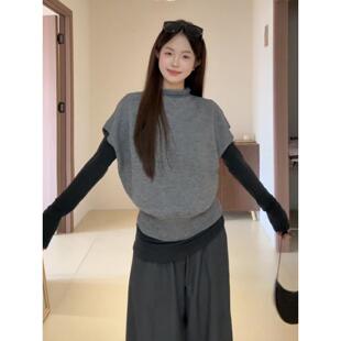 灰色半高领针织马甲背心女秋冬季慵懒风宽松无袖叠穿毛衣马夹上衣