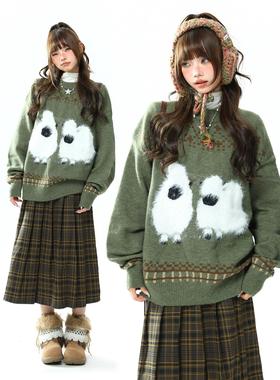 AONW美式覆古卡通小羊提花毛衣女秋季新款设计感小众宽松针织上衣