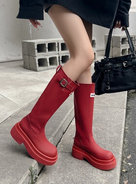 不二橘防滑高筒红色雨靴2025户外露营底不过膝骑士靴官方旗舰店