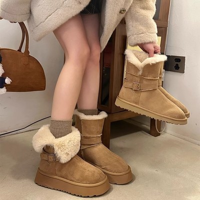 不二橘 厚底两穿雪地靴女冬加绒加厚保暖棉鞋毛毛短靴东北雪地棉