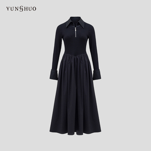 YUNSHUO长款连衣裙女气质显瘦的小黑裙收腰翻领连身裙子569349