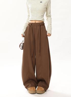 AONW美式覆古抽绳加绒阔腿香蕉弯刀裤休闲裤女秋冬宽松百搭长裤子