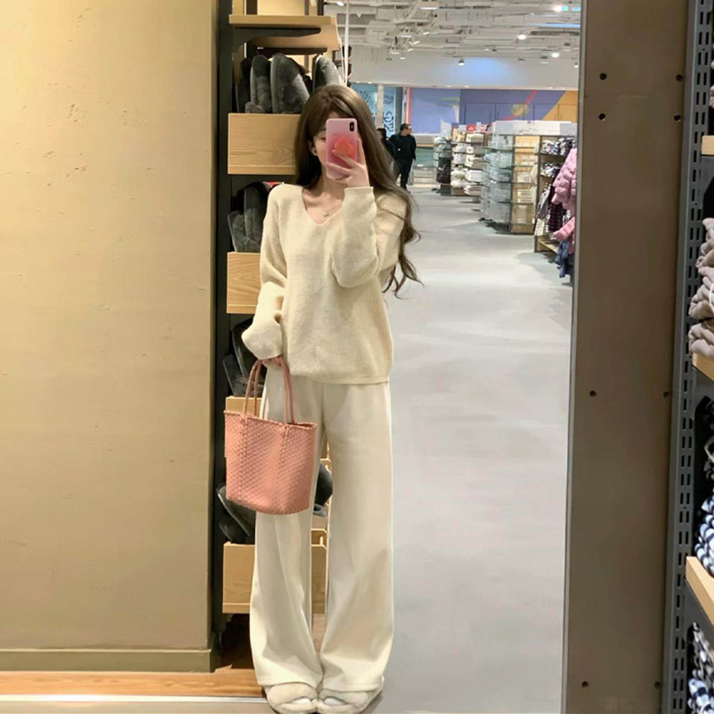 针织奶油白阔腿裤女秋冬加绒加厚米白糯米羊毛休闲裤垂感加长拖地