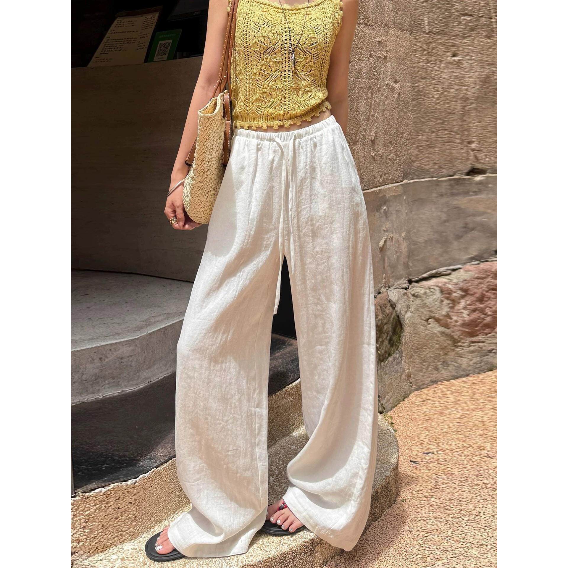 老钱风慵懒麻料白色裤子女夏季薄宽松休闲棉麻苎亚麻感冰丝阔腿裤