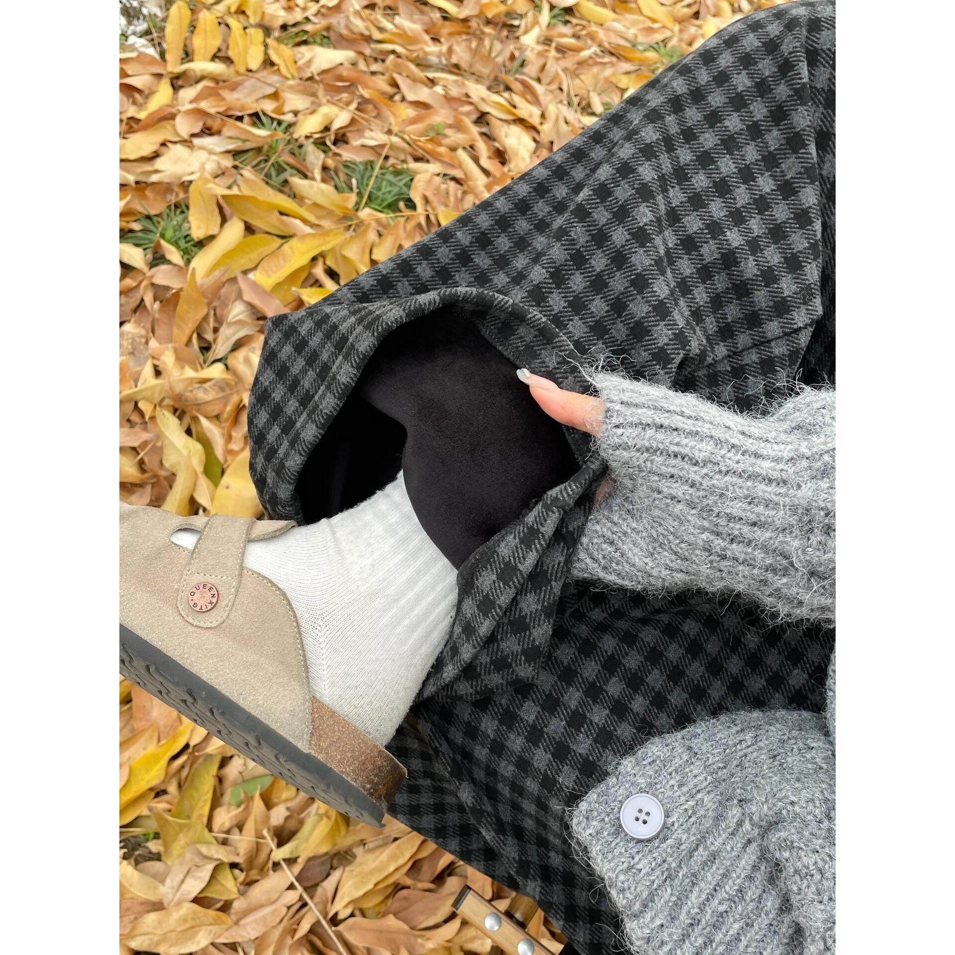 秋冬加绒格子阔腿裤女胖mm大码显瘦宽松梨形身材高腰毛呢休闲裤子