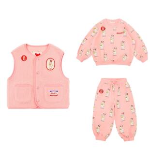 加绒！韩国童装婴儿宝宝女童粉色兔子马甲卫衣卫裤运动套装