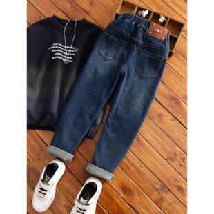 中大童瘦版牛仔裤男童秋冬加绒修身小脚裤儿童窄版厚裤子男孩长裤