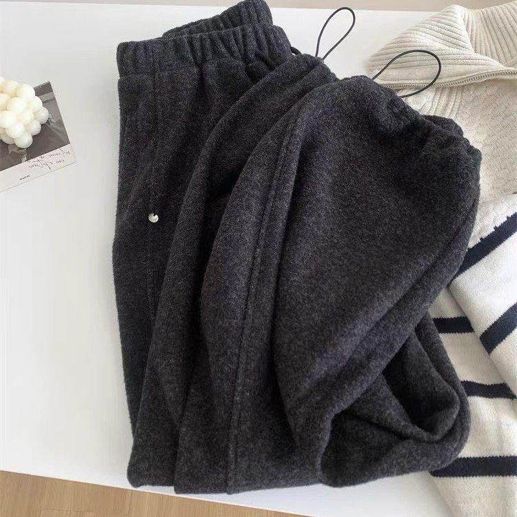 山羊绒灰色糯米绒毛呢直筒裤女冬季加绒保暖束脚两穿休闲裤卫裤子