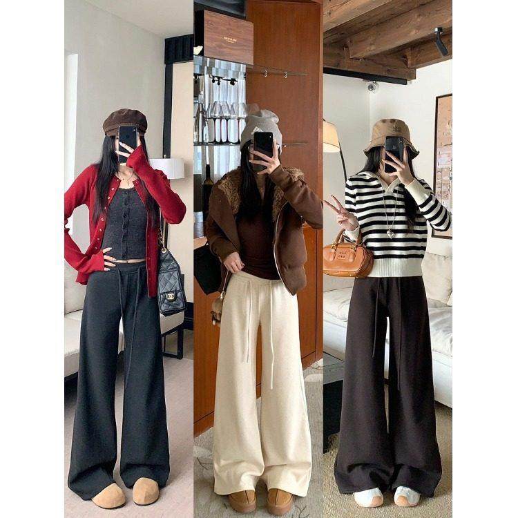 慵懒风加绒纯色垂感抽绳休闲裤女冬季宽松百搭微喇裤长裤拖地裤子