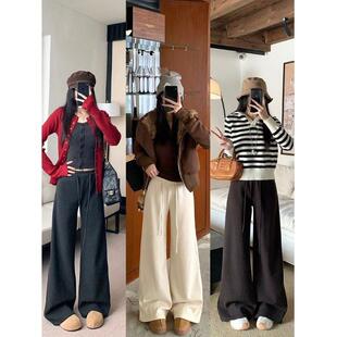 慵懒风加绒纯色垂感抽绳休闲裤女冬季宽松百搭微喇裤长裤拖地裤子