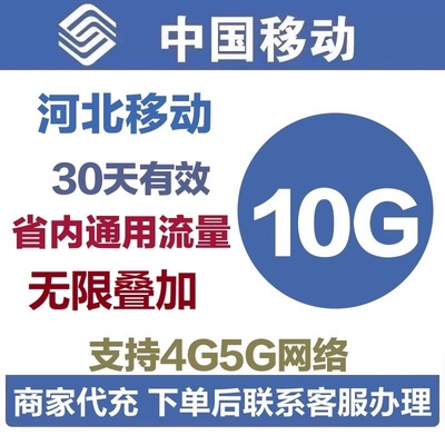 河北移动流量包充值10GB 仅限河北区域使用4g5g手机通用 30天有效