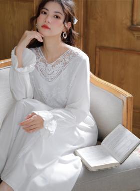 长袖睡裙女秋季纯棉宫廷风复古蕾丝公主睡衣宽松大码可外穿家居服