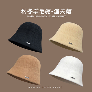 羊毛呢渔夫帽子女秋冬高级感大头围显脸小保暖水桶帽素颜遮脸盆帽