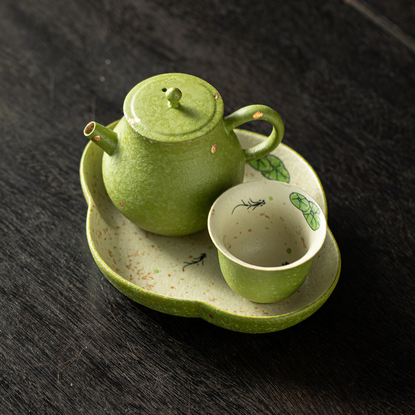 笋绿手绘洒金一壶一杯功夫茶具陶瓷釉下彩鱼戏荷花茶壶茶杯干泡盘,餐饮具,功夫茶具,淘宝优惠券,粉丝福利购,淘宝优惠卷