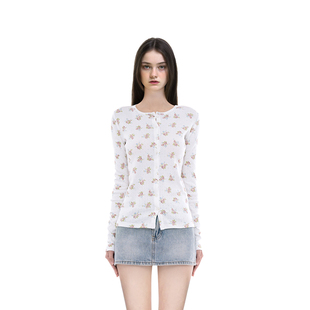 春秋印花甜美纯欲风圆领修身 女2025新款 显瘦百搭上衣 开衫 BM长袖