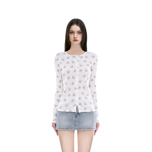 BM长袖开衫女2025新款春秋印花甜美纯欲风圆领修身显瘦百搭上衣