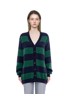 BM开衫毛衣外套女宽松针织新款2025外搭绿色条纹高级感开衫外套