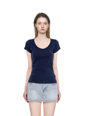 BM短袖女2025新款夏季藏蓝色V领修身正肩基础t恤百搭显瘦bm上衣