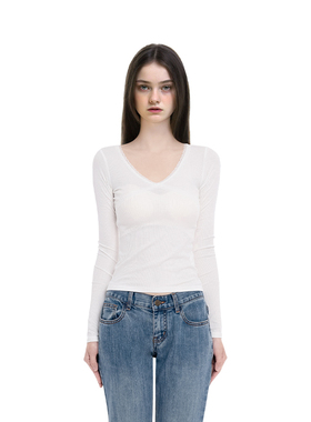 BM上衣女2025新款秋冬修身高腰短款V领蕾丝边白色内搭外穿长袖T恤