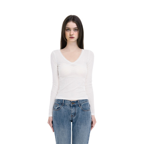 BM上衣女2025新款秋冬修身高腰短款V领蕾丝边白色内搭外穿长袖T恤