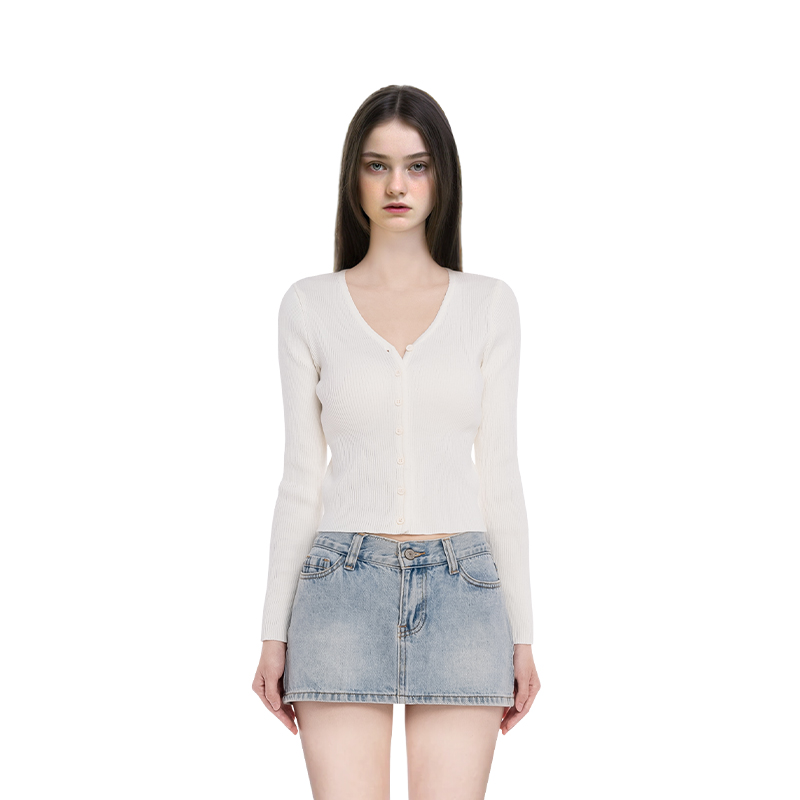 BM针织开衫女2025新款秋冬季美式V领修身高腰露脐打底高级感开衫