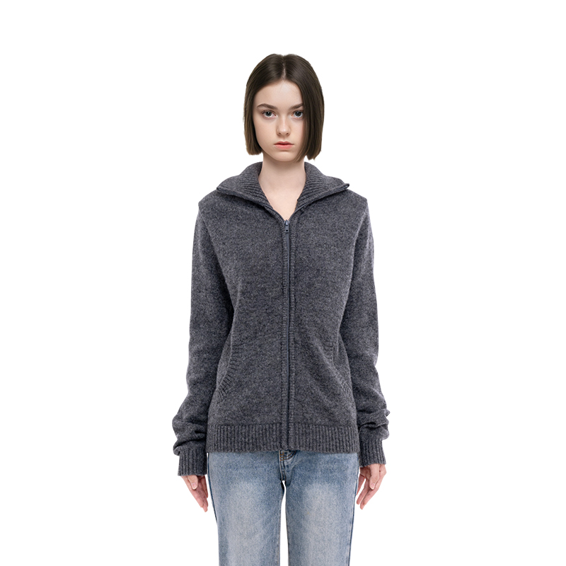 BM毛衣女半高领2025新款秋冬纯色美式复古拉链显瘦百搭毛衣外套