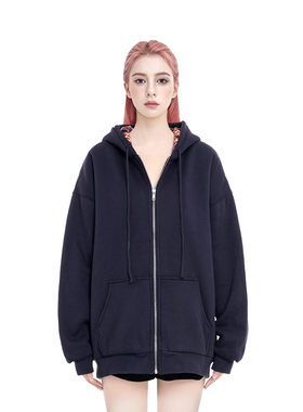 BM外套早秋女加厚2025新款棉服秋冬季内里红色格子拉链卫衣外套