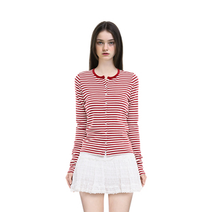 外套圣诞节穿搭 春秋红白条纹圆领百搭上衣开衫 BM长袖 女2025新款