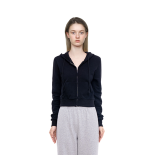 复古长袖 连帽拉链高腰显瘦美式 上衣 纯色短款 BM卫衣外套女2025新款