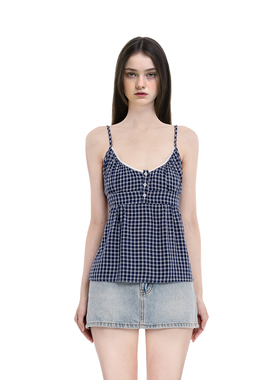 BM吊带背心女2025新款三粒扣蓝色格子复古V领低胸纯欲风无袖上衣