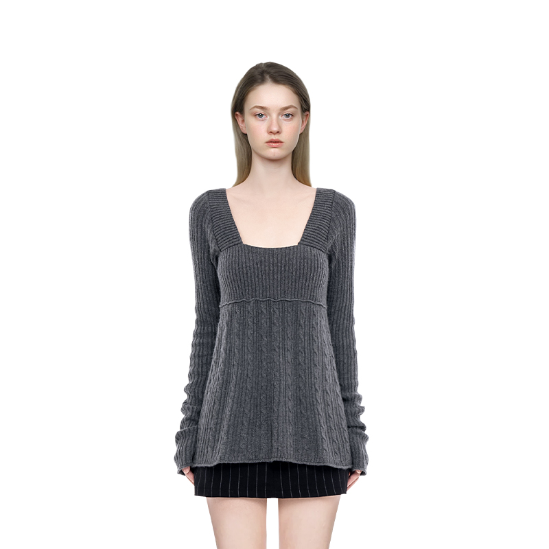 BM毛衣女2025新款纯色方领针织长袖高级感宽松显瘦百搭套头上衣