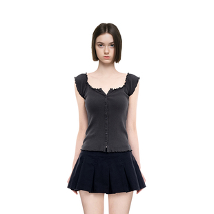 显瘦百搭美式 木耳边纯色短款 复古修身 短袖 BM短袖 开衫 女2025新款