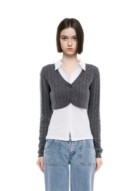 BM开衫女2025新款秋冬纯色超短款辣妹纯欲风V领显瘦百搭开衫外套