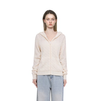 BM开衫女纯色麻花2026新款秋冬连帽拉链复古美式显瘦百搭毛衣外套