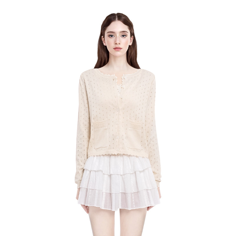 BM镂空花边开衫女2025新款春秋甜美纯欲风百搭长袖针织上衣外套