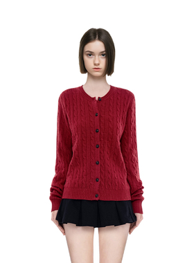 BM针织开衫女红色2025新款秋冬圣诞节穿搭麻花宽松复古毛衣外套