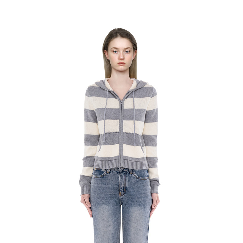 BM针织开衫女2025新款春秋条纹短款连帽拉链修身显瘦百搭长袖外套